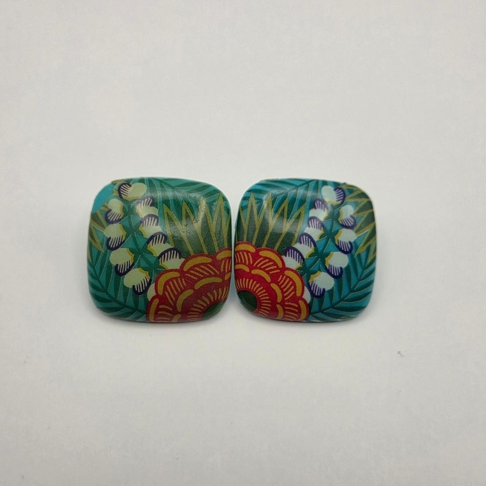 Avon Tropical Beauty Earrings Womens OS Teal Good 1987 Floral Lucite Square 80s